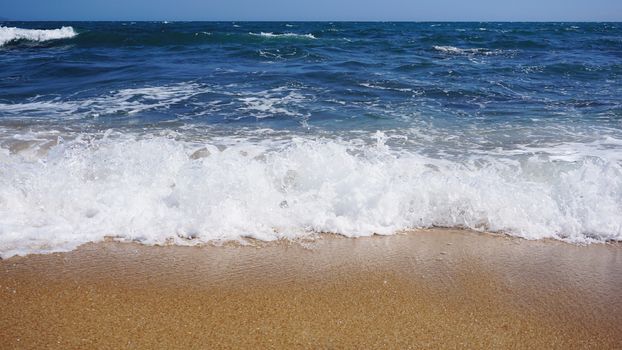 Tropical beach. Ocean wave background. Sand and blue sea. Ocean water nature, beach relax. Summer sea vacation