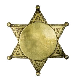 Isolated Retro Vintage Brass Sheriff Style Star Badge Blank For Your Text On A White Background