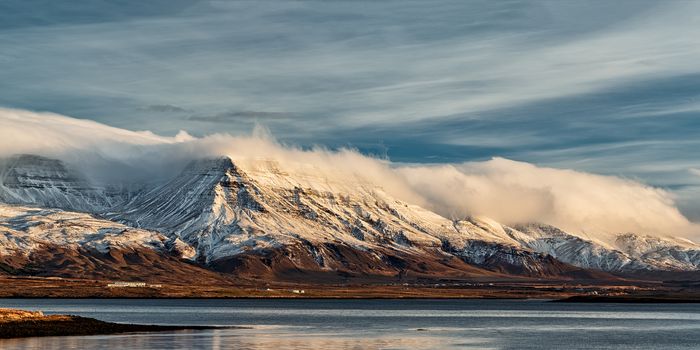 Sunrise in the mountains seen from Reykjavik, Iceland