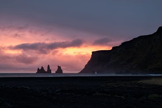 Sunset from Reynisdrangar black beach in Vik, Iceland