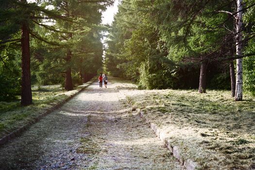 Two women walking in public park