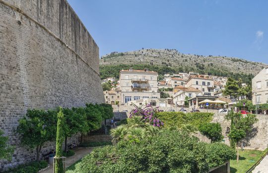 Dubrovnik, Croatia - 07. 13. 2018. A small garden near the wall outside the old town of Dubrovnik in Croatia