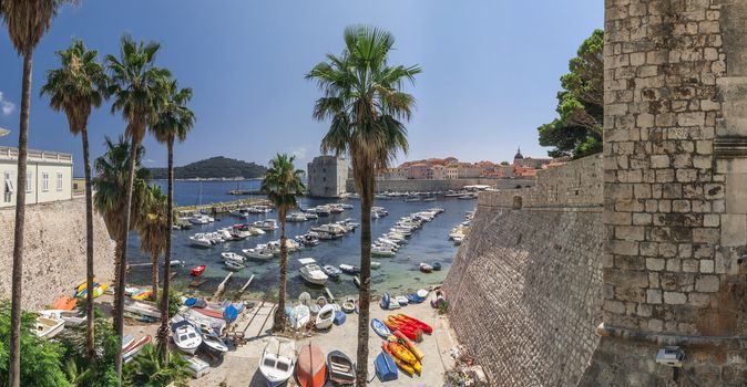 Dubrovnik, Croatia - 07. 13. 2018. Fort St. Ivana and Old Port in Dubrovnik, Croatia, panoramic view on a sunny summer day.