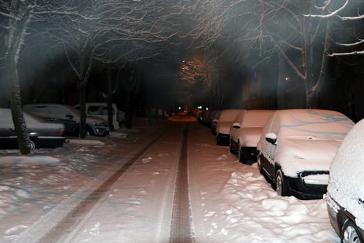 Parked cars covered with snow - snow storm
