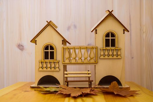 wooden house model with background of starting construction house ,my house concept