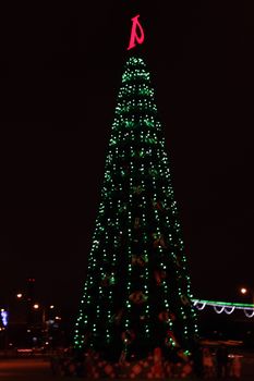 Snow Covered Christmas Tree with Multi Colored Lights at Night