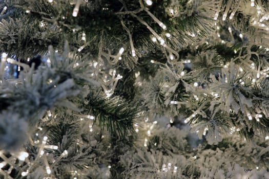 Christmas tree with cones on a city street illuminated with a garland and advertising lights. A branch of spruce with raindrops, illuminated by lights of a garland