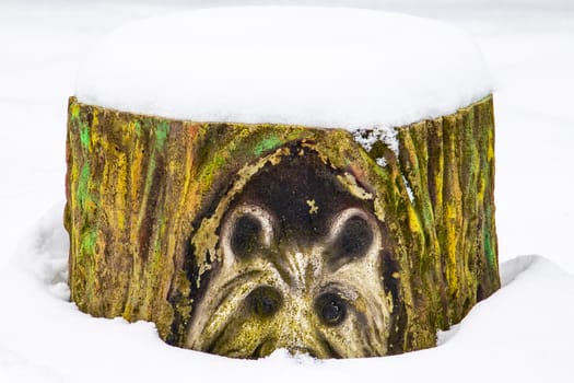 Close up texture of closeup of an old painted stump in the snow