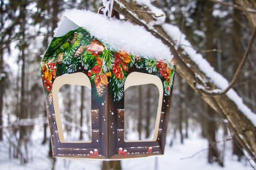 Bird feeders. A colorful, homemade bird feeder on the tree. Winter bird feeder in the park, forest