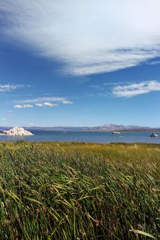 Tufa tower rock formations in Mono Lake are calcium-carbonate spires and knobs formed by interaction of freshwater springs and alkaline lake water