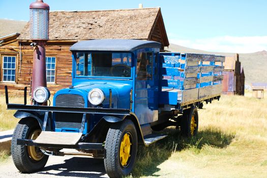 Bridgeport California - August 11, 2018 -Living in the Past Lane Annual Festival at Bodie State Park. Old Truck on display. 1927 Dodge Graham near old gas pumps