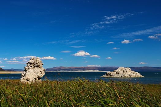 Mono Lake, a large, shallow saline soda lake in Mono County, California, with tufa rock formations.