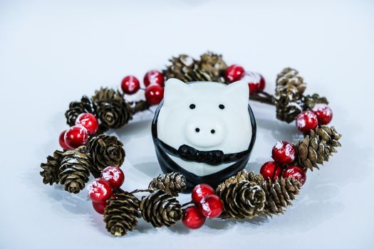 Christmas decoration and pig. On a white background