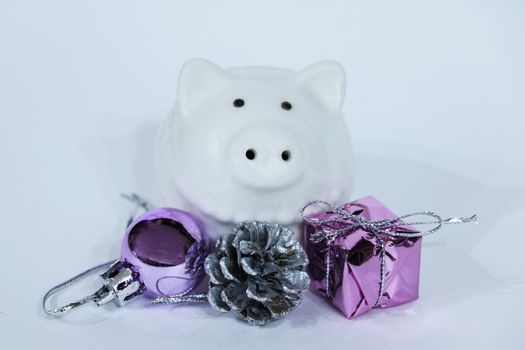 White pig sitting near the Christmas decoration. Cute little piglet for the New Year