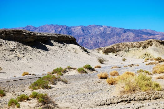 View of the dried mountain river in the background of mountains and sand