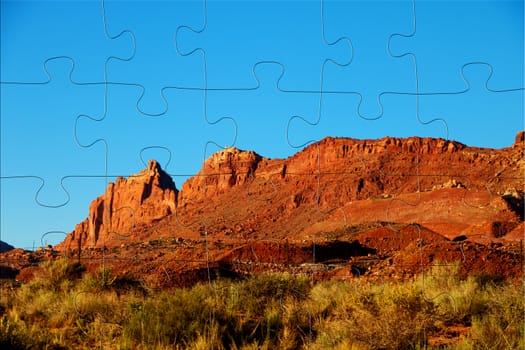 Bird's eye view of beautiful nature Monument Valley landmark of Arizona state. Aerial scenery view of wild lands at sunny day