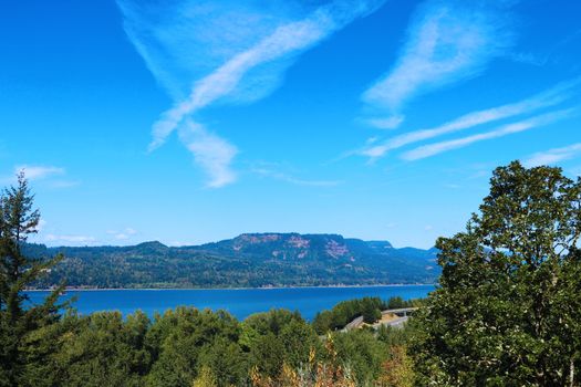 Beautiful view of the river and blue sky on a sunny day. USA