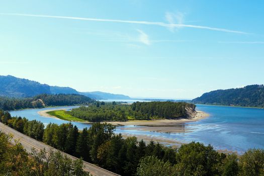 View of the lake with an island in the middle, USA.