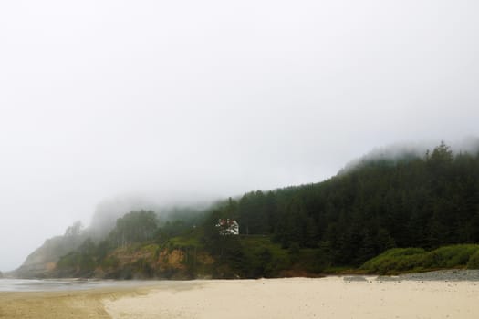 View from the Montara beach to the Pacific ocean on foggy morning.