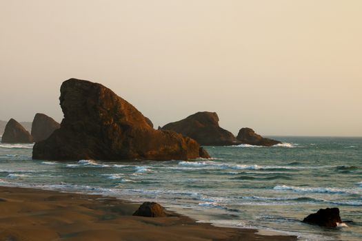 View of the ocean on the background of a beautiful sunset. Tinted.