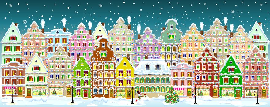 City street in winter. Christmas Eve. The winter vacation. The houses are covered with snow. Snow on a city street. Houses decorated before the winter holidays.  Snow-covered city street.                                                                                                                                                                                                                                                           