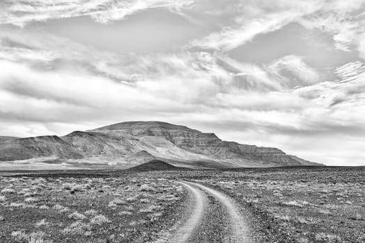 Road landscape in the Tankwa Karoo in the Northern Cape Province of South Africa. Monochrome