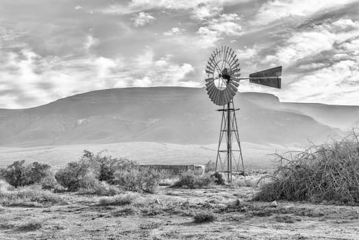 An early morning landscape, with a windmill and dam, in the Tankwa Karoo of South Africa. Monochrome