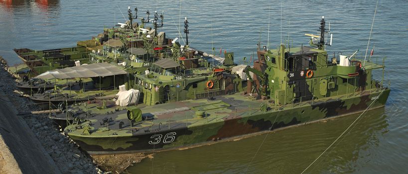 NOVI SAD, SERBIA - September 21st 2018 - River navy military patrol boats anchored at Danube pier