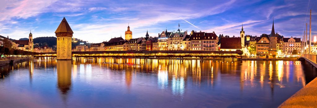 Luzern Kapelbrucke and riverfront architecture famous Swiss landmarks panoramic view, famous landmarks of Switzerland
