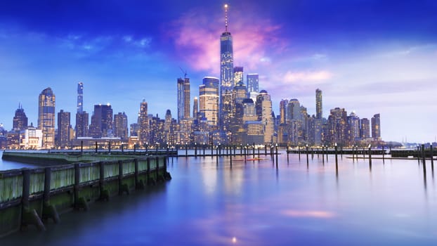 amazing view lower Manhattan , financial district with sunset