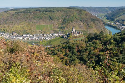 Panoramic view to the city of Cochem close to the Moselle river, Germany Europe