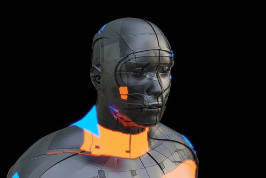 Futuristic robot of dark color with luminous parts of blue and orange. Isolated on black background. The concept of robotic and industrial revolution 4.0. 3D illustration