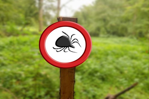 Borreliose and tick warning, round red warning sign with tick symbol.