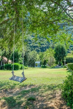 Image of wooden swing under the tree in the garden