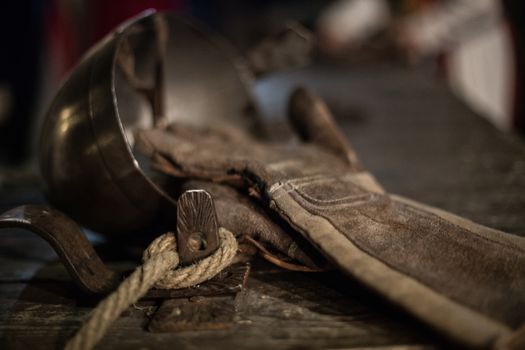 medieval tools, helmet, wood, rope, 
gloves