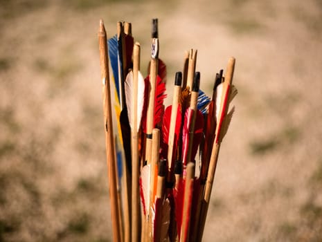 hand crafted arrows in medieval style each arrow with different color on the feather 