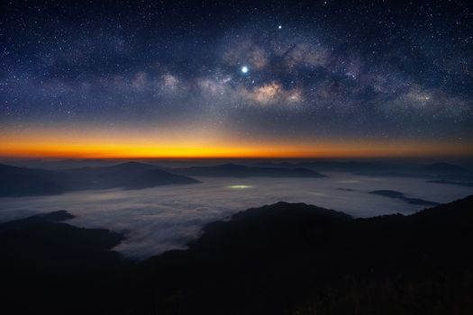 Milky way galaxy and star over mountains.