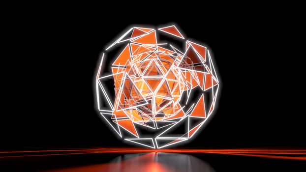 Polygonal Orange Abstract Triangle Glow Sphere on Dark Space Background. 3D illustration