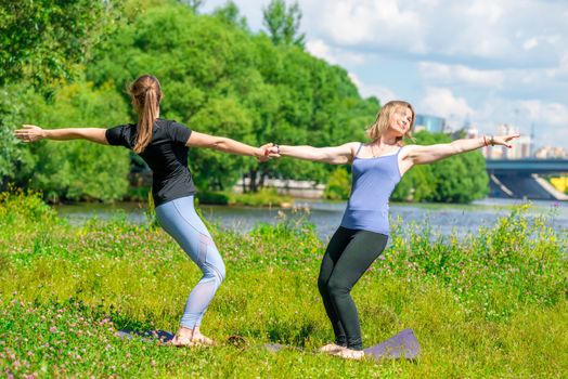 women in a pair doing yoga exercises in the park on the grass