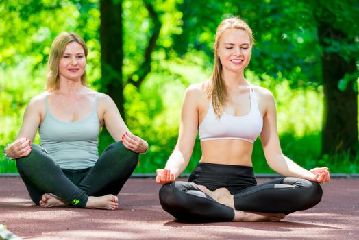 happy women doing yoga in the park in the lotus position