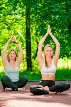 vertical portrait of women during yoga in the lotus position in the park