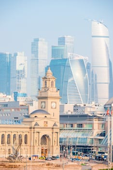 Towers of Moscow City and view of Kiev Railway Station, city landscape