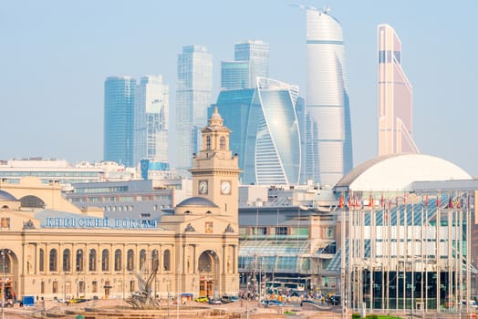 The building of the Kiev railway station of Moscow and the tall skyscrapers of Moscow City