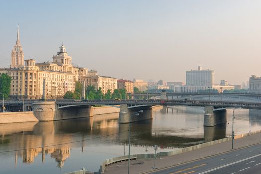 Moscow cityscape at sunrise, beautiful city architecture
