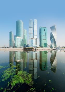 The Moscow River and the high skyscrapers of the Moscow City landmark