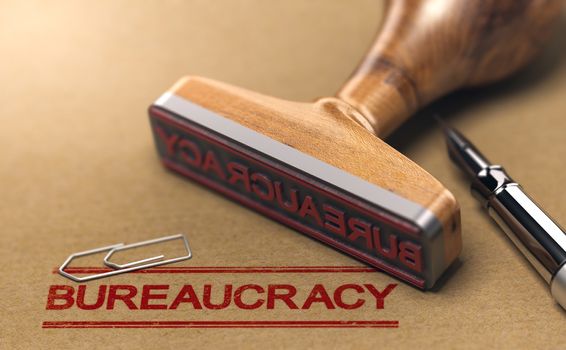 Bureaucracy words stamped on a brown paper with rubber stamp. Red tape concept. 3D illustration