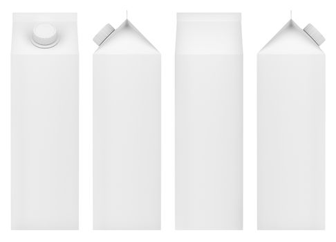 Blank packaging for milk, juice or other beverages. Front, back and side view.