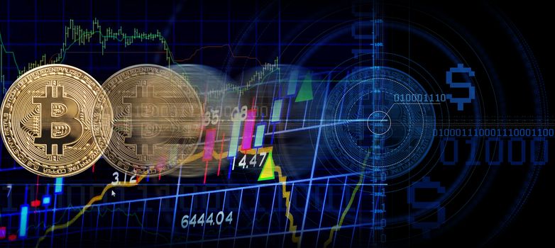 Business golden coin digital currency on stock market financial indicator background. Double exposure growth futuristic chart bitcoin money investment. Investor cryptocurrency data concept.