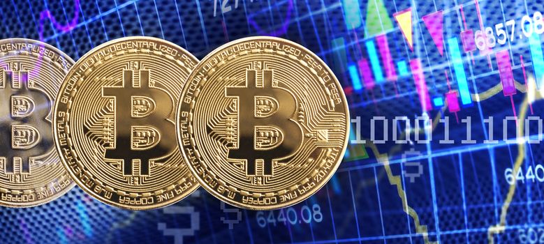 Business golden coin digital currency on stock market financial indicator background. Double exposure growth futuristic chart bitcoin money investment. Investor cryptocurrency data concept.