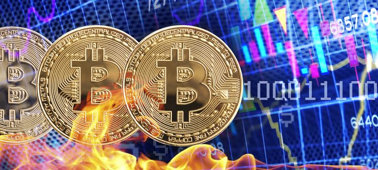 Business golden coin in fire digital currency on stock market financial indicator background. Double exposure growth futuristic chart bitcoin money investment. Investor cryptocurrency data concept.